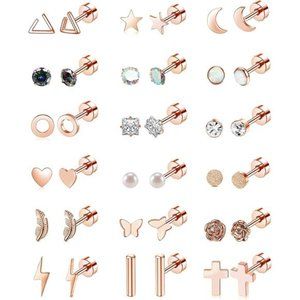 18 Pairs Stainless Steel Stud Earrings Set for Women Men Star Moon flower Heart